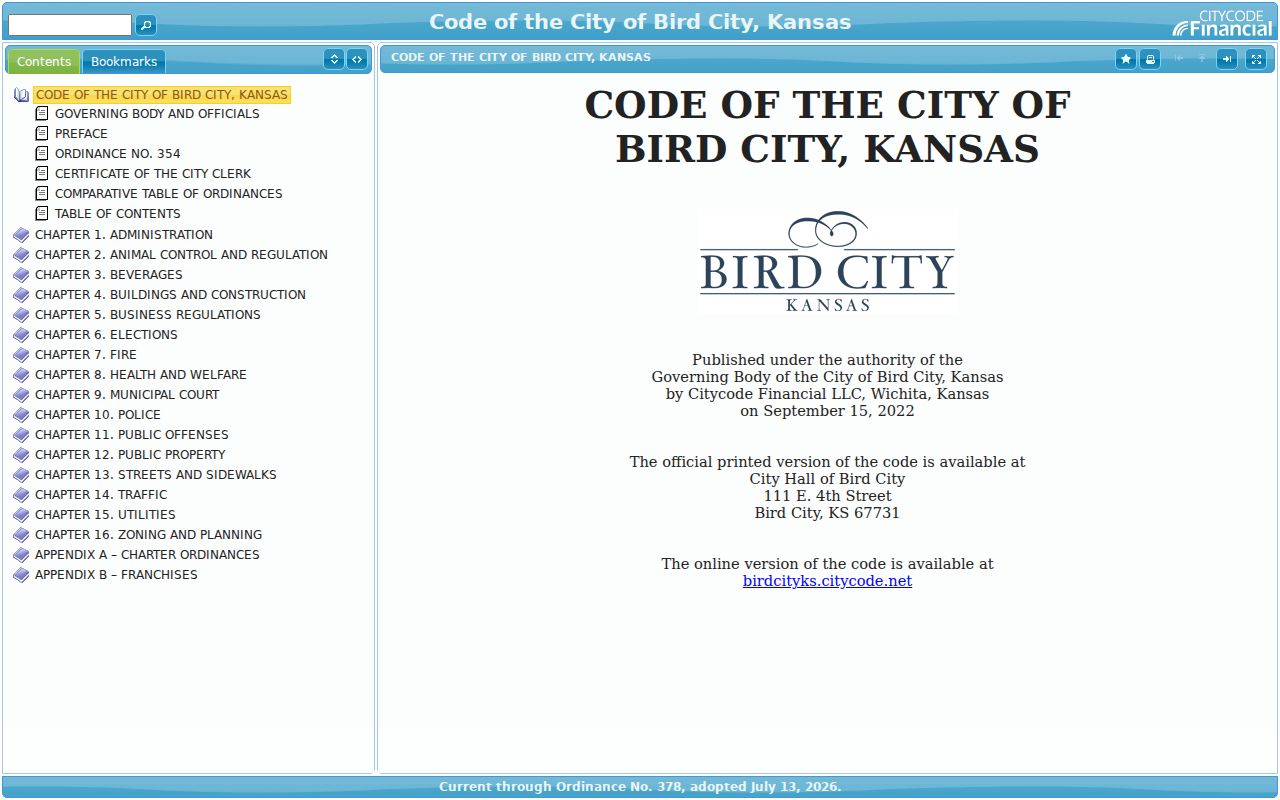 Official Bird City code viewer used to identify municipal court and ordinance provisions