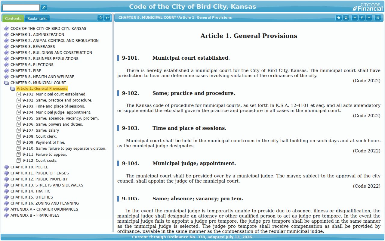 Bird City municipal court code describing the judge, clerk, docket, and trial-setting duties