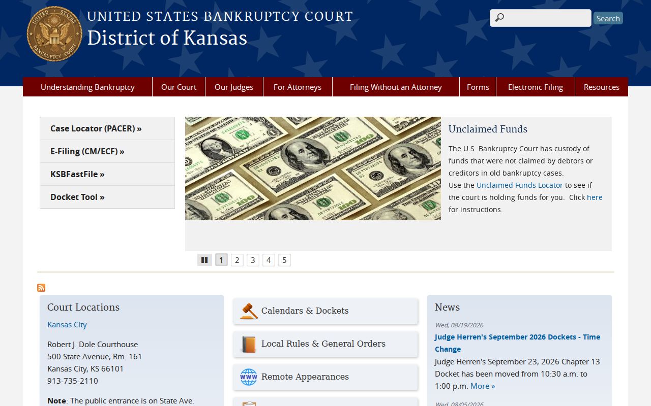 U.S. Bankruptcy Court for the District of Kansas website showing a separate federal case system