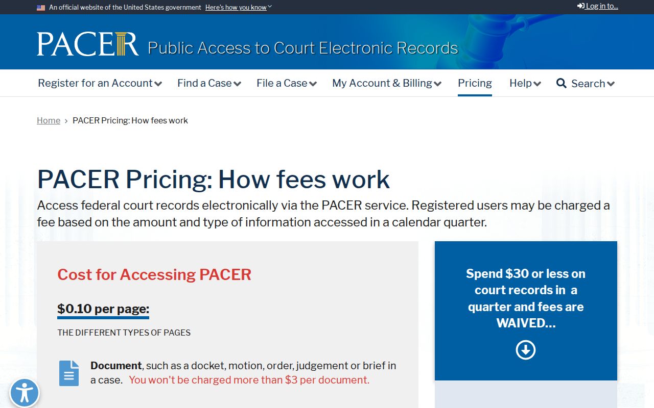 Cheyenne County docket search PACER fee information