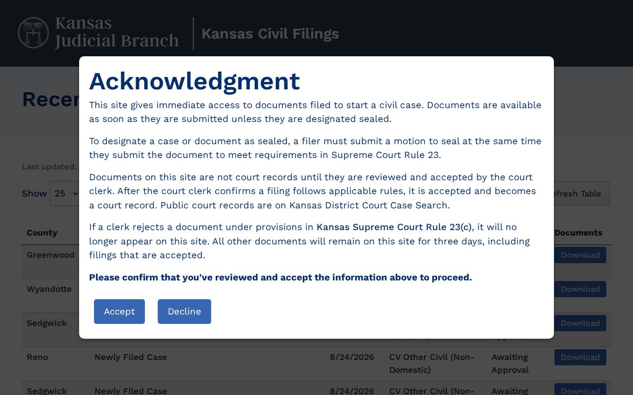 Cheyenne County civil court docket new filings portal