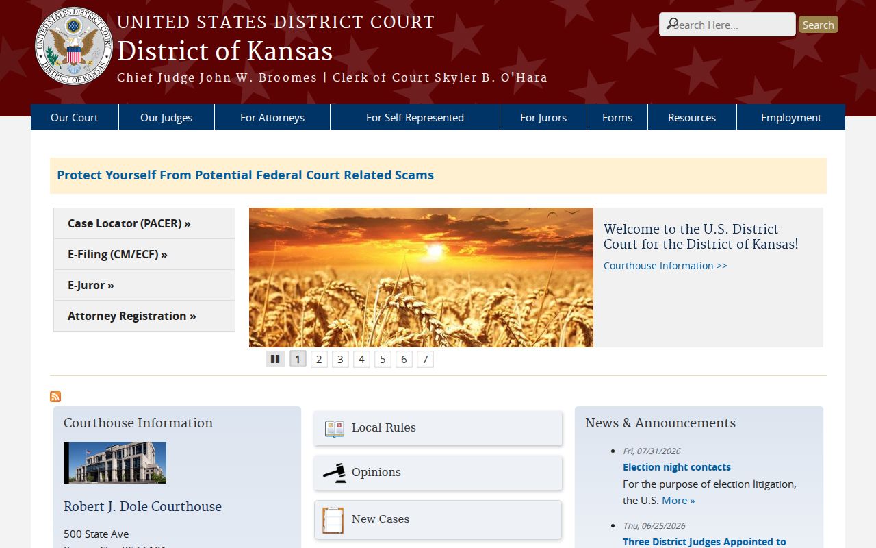 United States District Court for Kansas website illustrating the federal court layer outside St. Francis municipal records