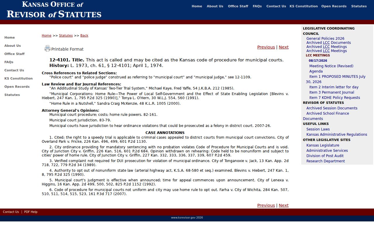 Kansas Statute 12-4101 establishing the municipal court code used in Cheyenne County cities